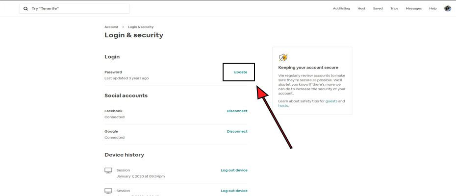 Airbnb change password